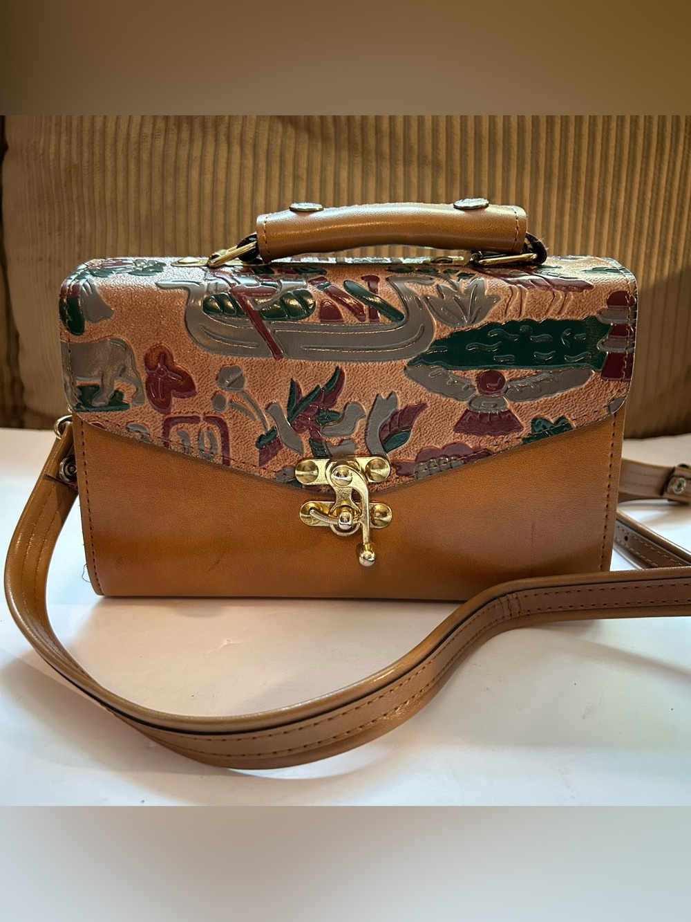 Vintage Euro Club Egyptian Leather Embossed Crossbody Bag Purse